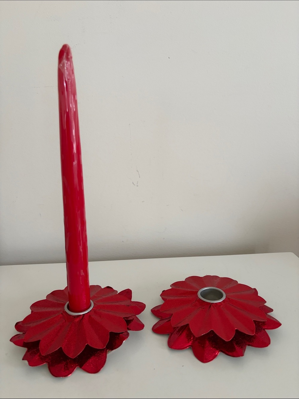 Vintage 1950’s Red Poinsettia Foil Candle Holders Duo